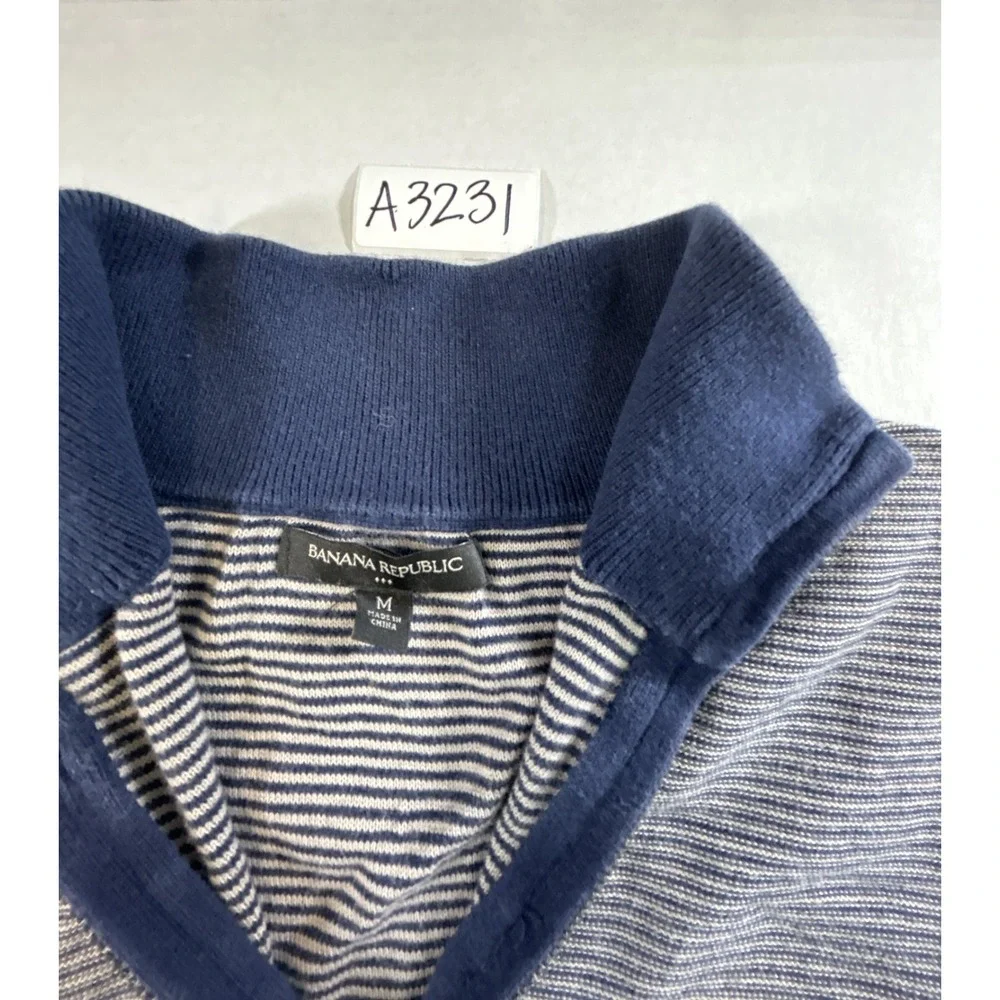 Banana Republic Mens Quarter Zip Sweater Navy Blue Grey Striped Mock Neck Size M